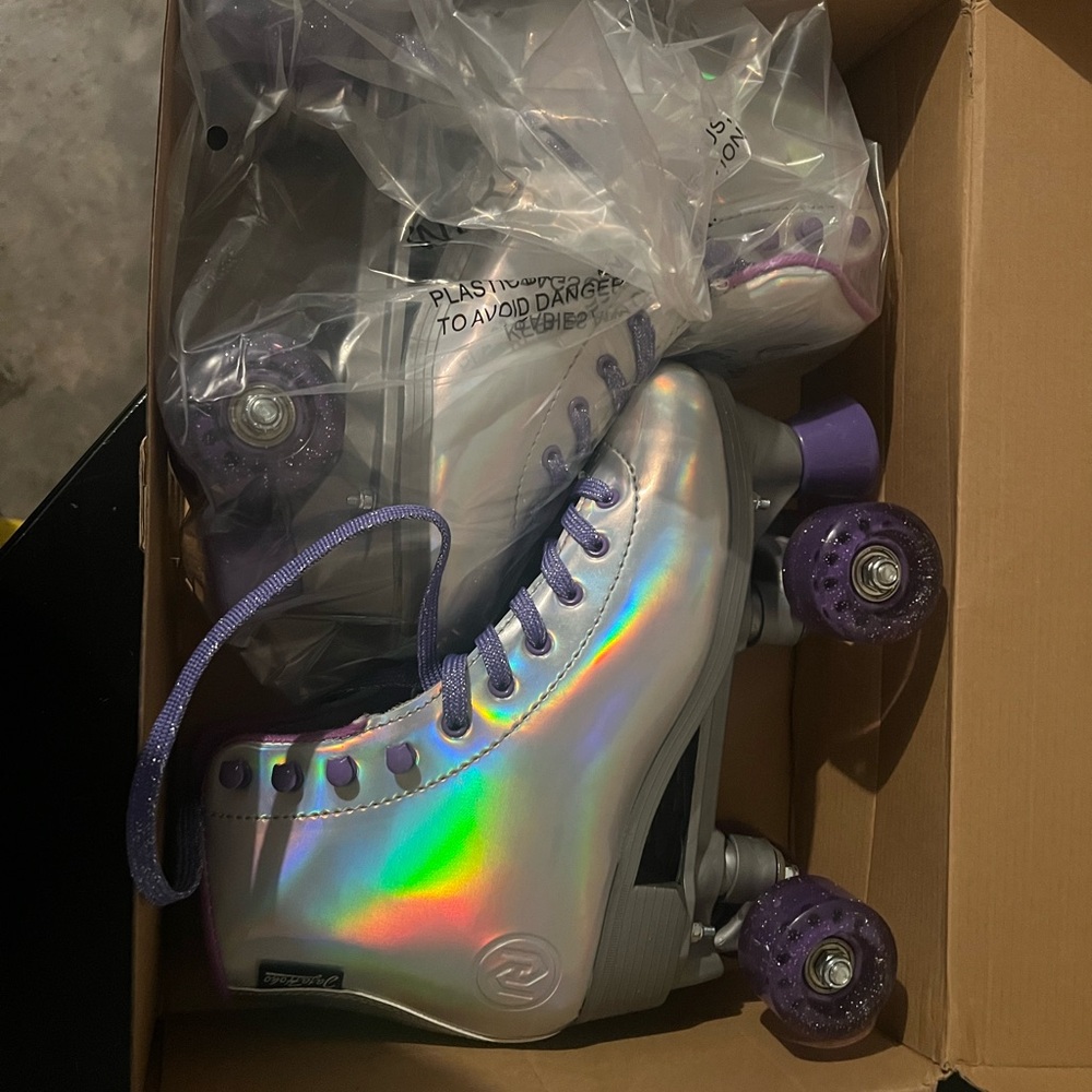 Holographic Roller Skates with Purple Wheels